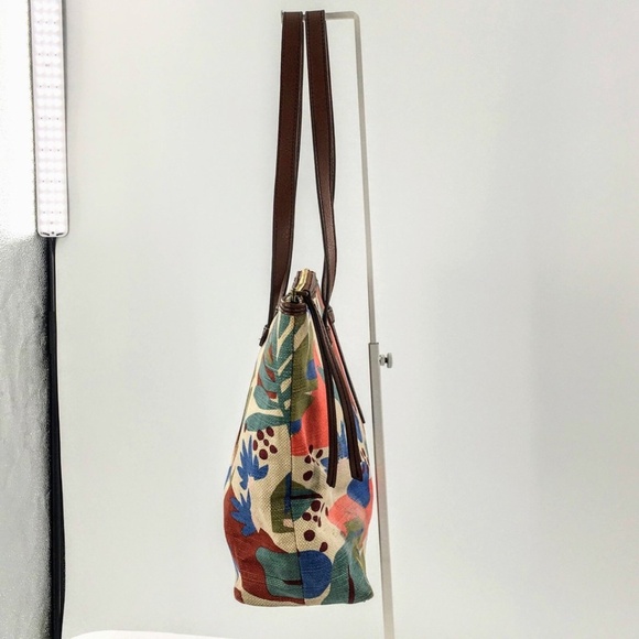 Fossil Canvas Tote Tan Floral Leaf Print Zip Top Medium Textile Shoulder Bag - Picture 7 of 16